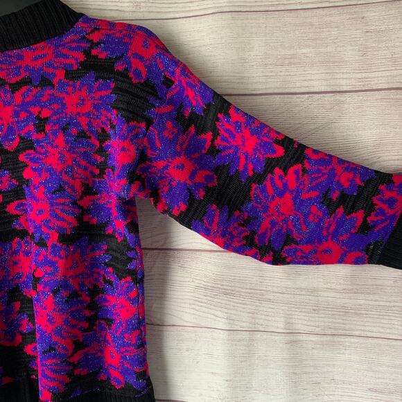 Vintage Floral Sweater Mock Turtleneck 80s 90s Neon Pink Purple Glitter Retro - Picture 11 of 15